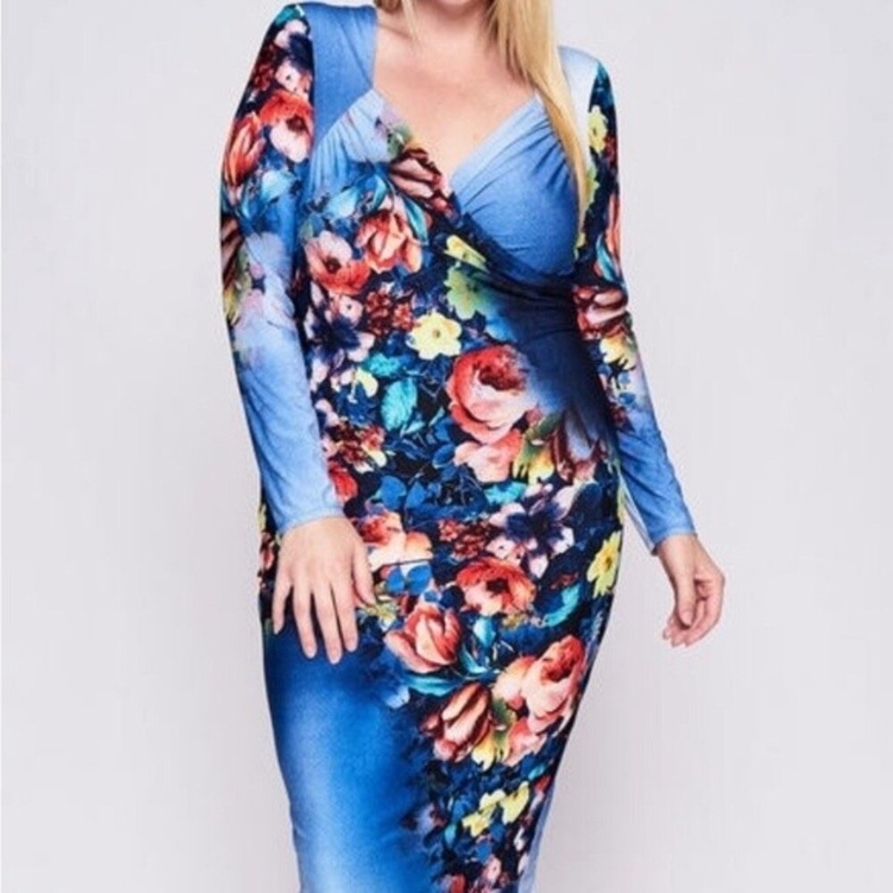 Floral Sweet Blue Bodycon Dress 3X